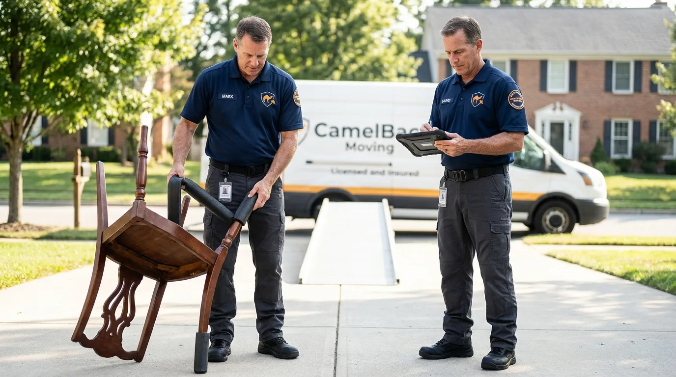 Movers inspecting furniture for damage prevention before loading in Wedowee, AL