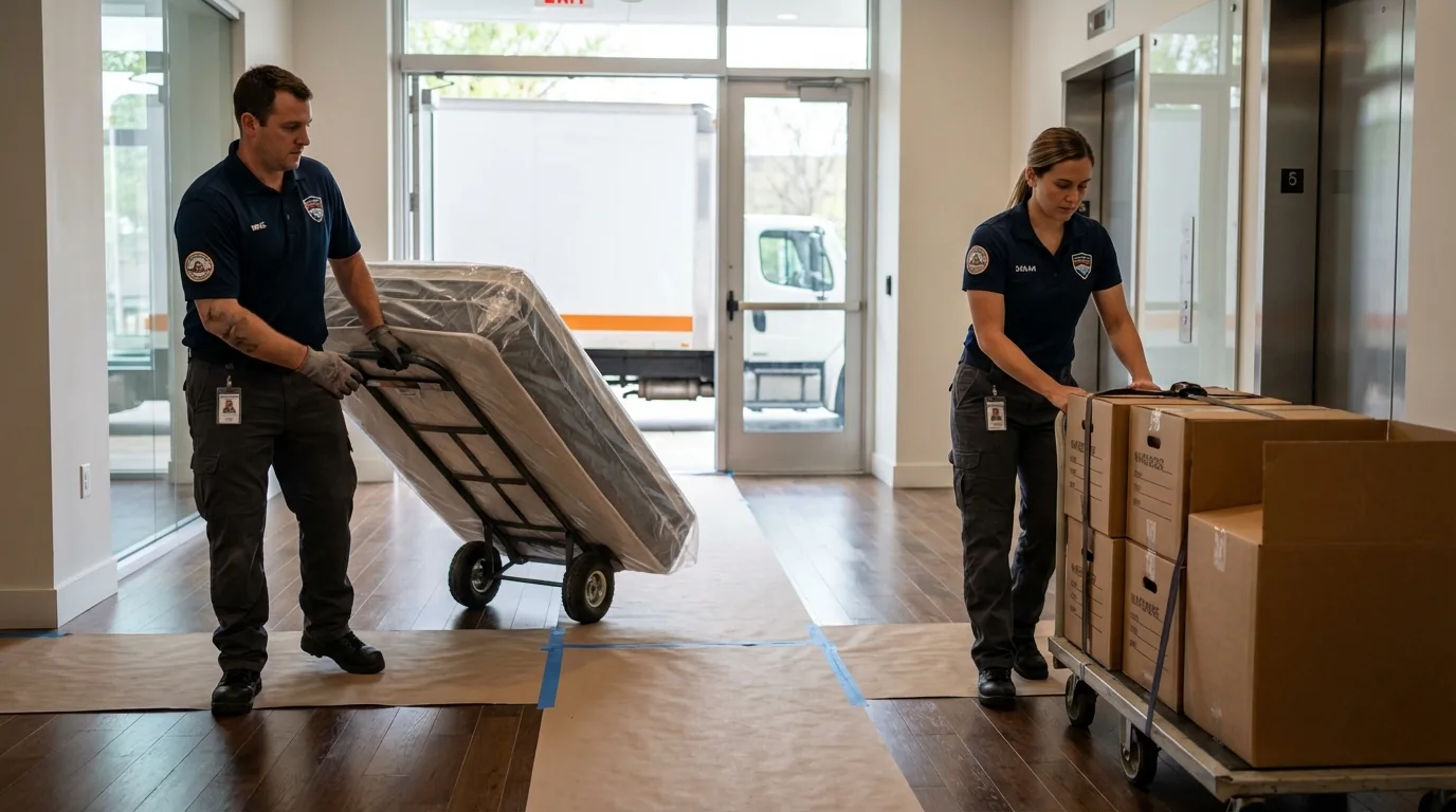 Professional apartment movers loading elevator in Wedowee, AL